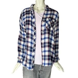 Kenneth Cole Plaid Button Down Shirt 100% Rayon Blue White Red Grunge Cowgirl L
